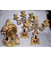 Antique Lenzkirch Porcelain and Brass Ormolu Clock Garniture Set